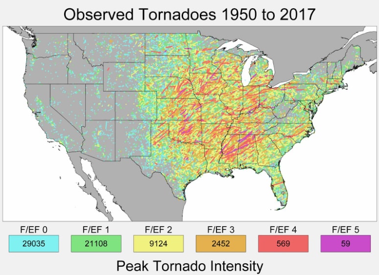Peak tornado intensity from observed tornadoes in the continental United States between 1950 to 2017.