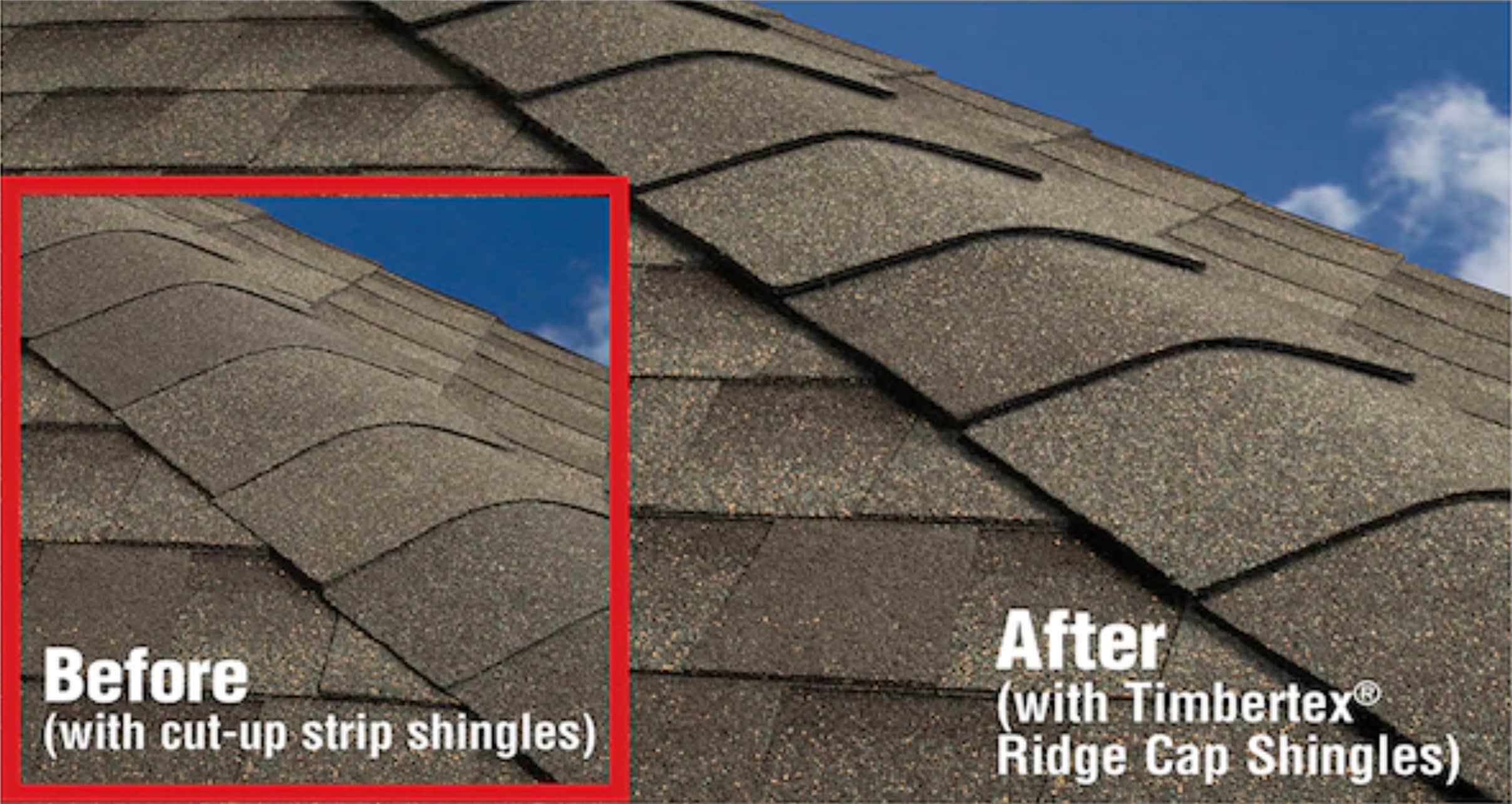 Before and after of a roof with cut-up strip shingles vs TimberTex Ridge Cap Shingles