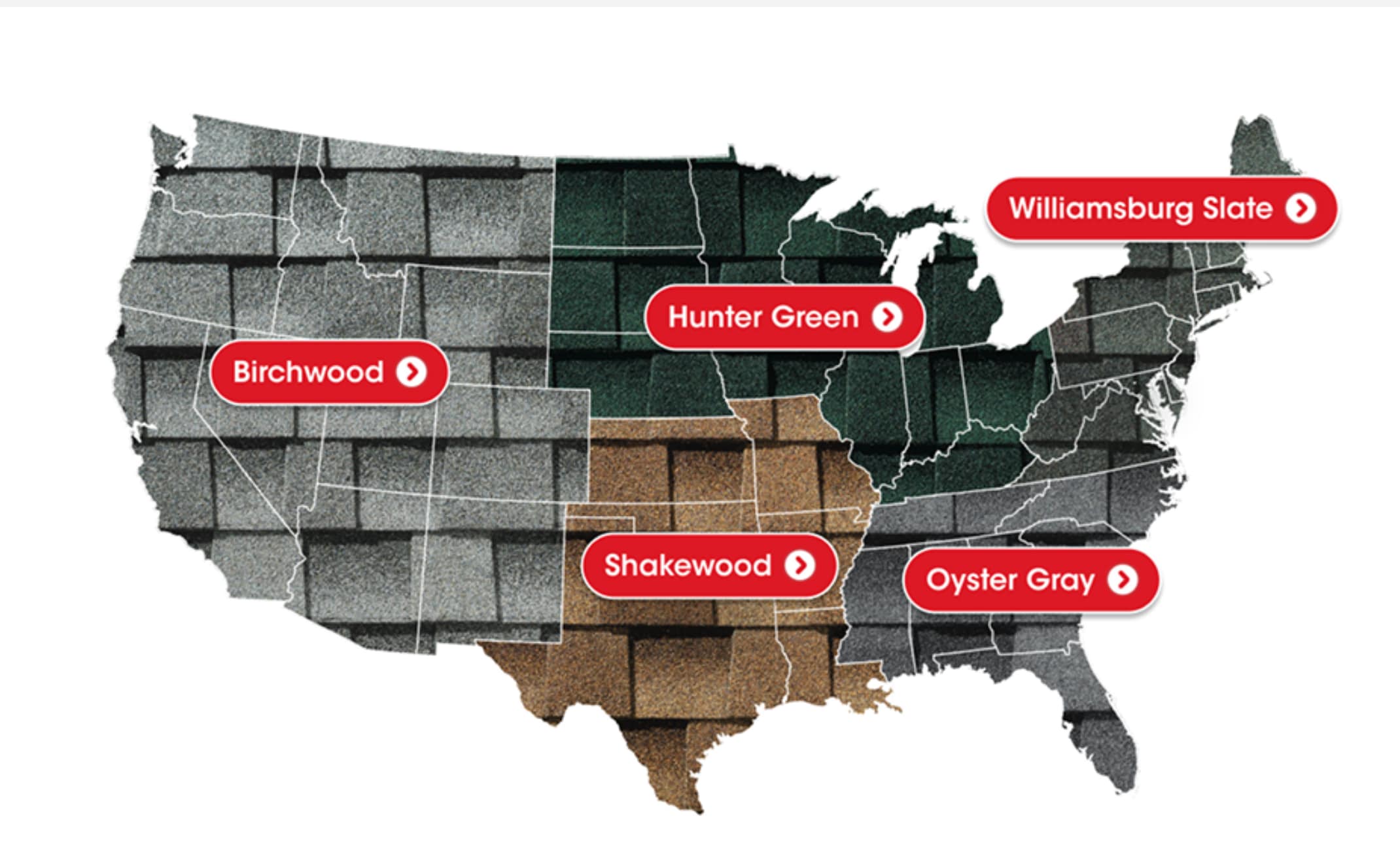 A flat lay US map sectioned off into five regions and color-coded to that region's top-trending shingle color for a 2025 shingle trend piece. 