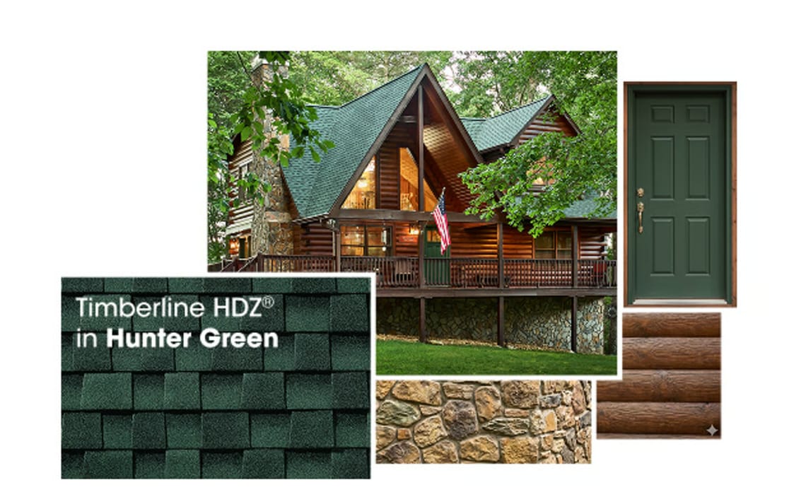 photo montage of three main features showcasing hunter green colors. One shows the hunter green GAF shingle dimension and tonality. Another shows an a-frame cabin in the woods. and another shows a deep green door. 