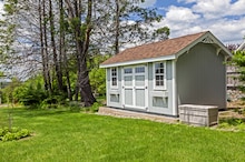 A green shed in a back yard with a garden