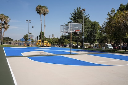 A colorful sports court designed with colorful shapes.