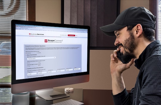 A roofing contractor uses the GAF ScopeConnect servie to prepare an insurance quote