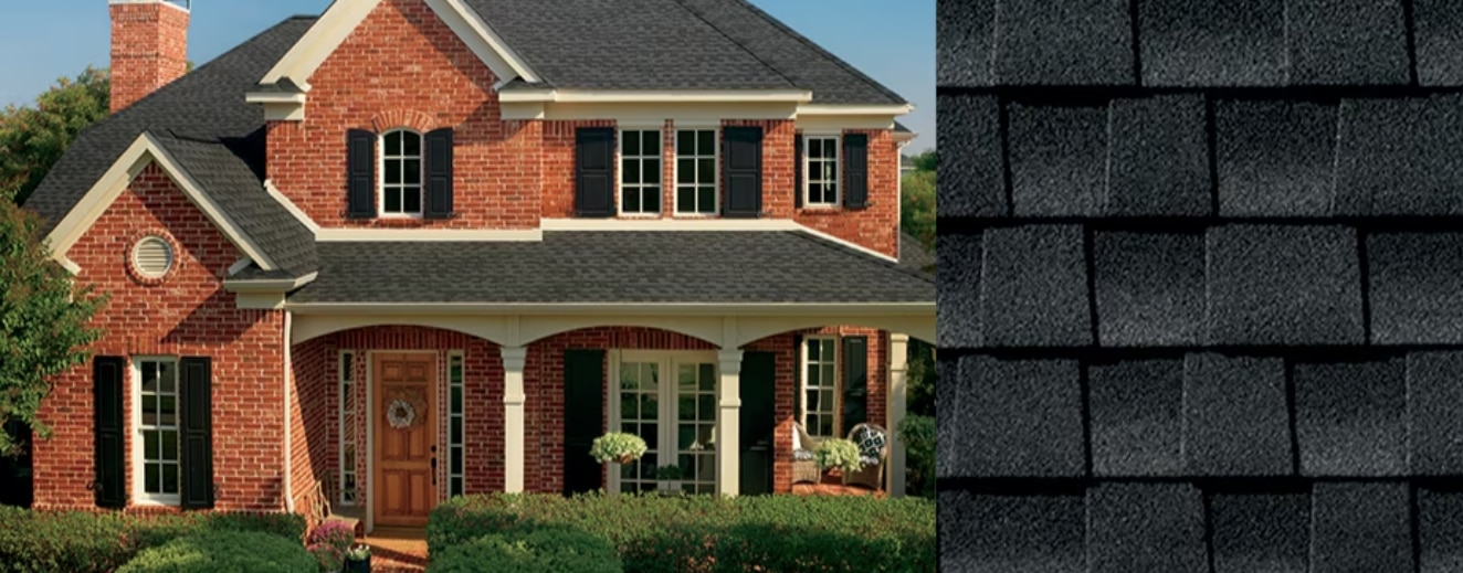 Image of a house with a GAF Timberline Roof next to a close up of the singles