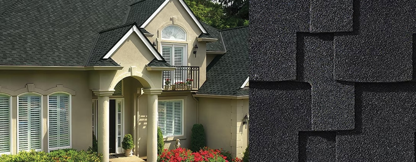 A house with a GAF roof next to a close up of the shingles