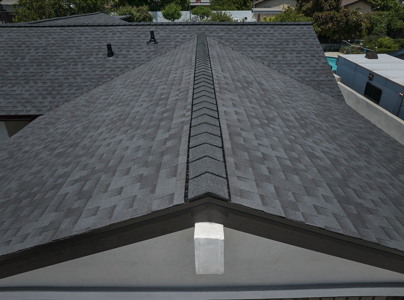 Close up of Timberline HDZ RS Reflector Series Charcol Shingles on a California Home