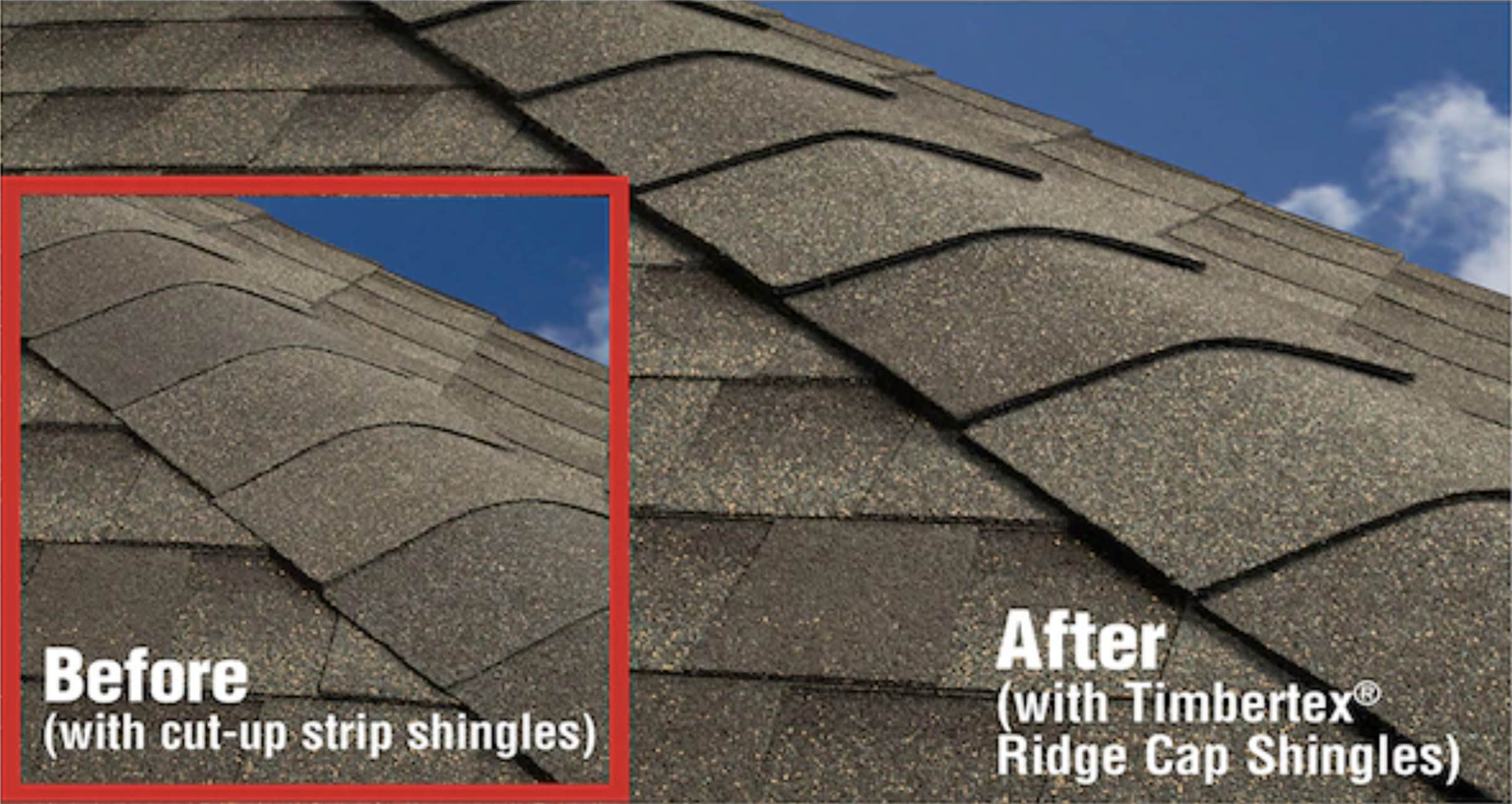 Before and after of a roof with cut-up strip shingles vs TimberTex Ridge Cap Shingles