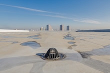 Roofing membrane with ponding water after rain.