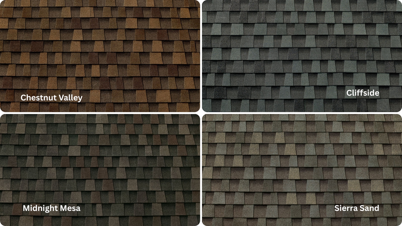 GAF Timberline HDZ®: New Bold Definition Colors: Chestnut Valley, Cliffside, Midnight Mesa, Sierra Sand