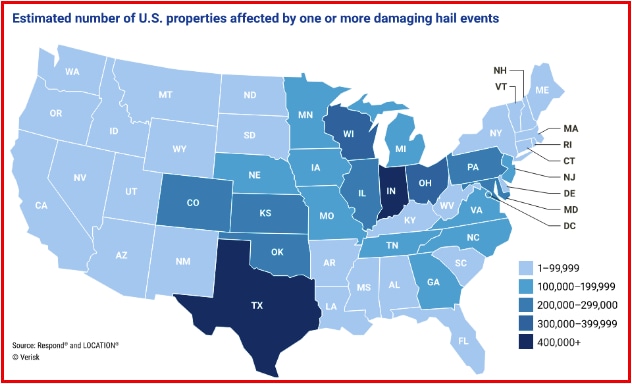 the estimated number of properties affected by one or more damaging hail events. source: noaa, graphed by verisk The estimated number of properties affected by one or more damaging hail events. Source: NOAA, graphed by Verisk