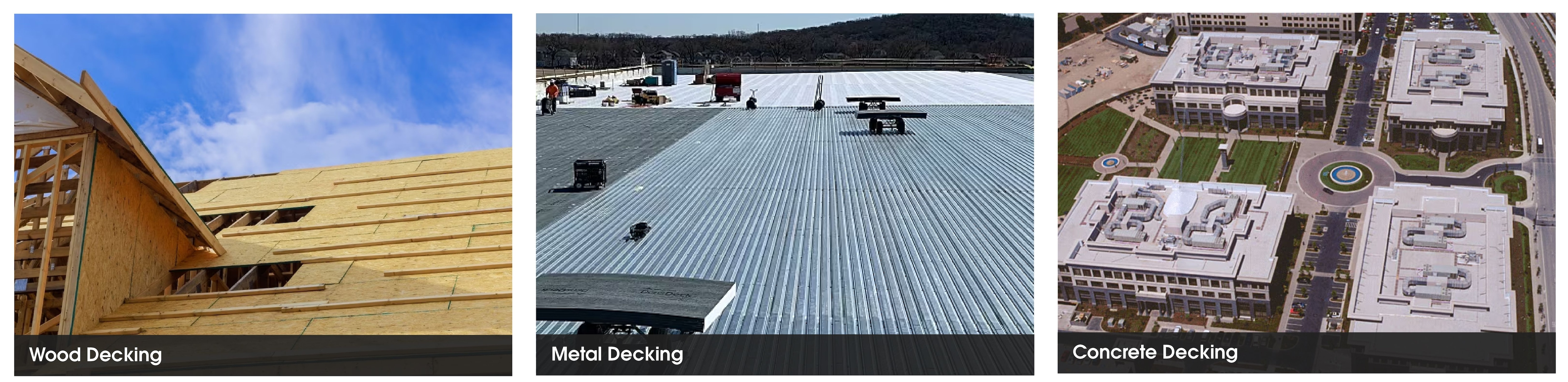 Types of roof decking materials including wood decking, metal decking, and concrete decking.