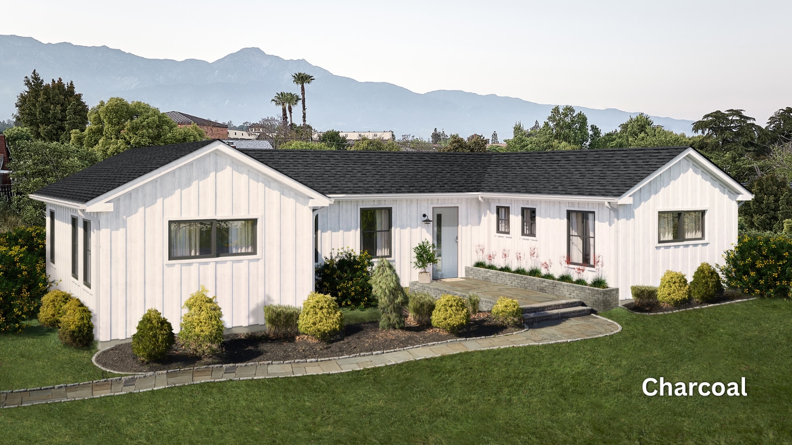 GAF Timberline HDZ Reflector Series Shingles in the color Charcoal on the roof of a white home. 