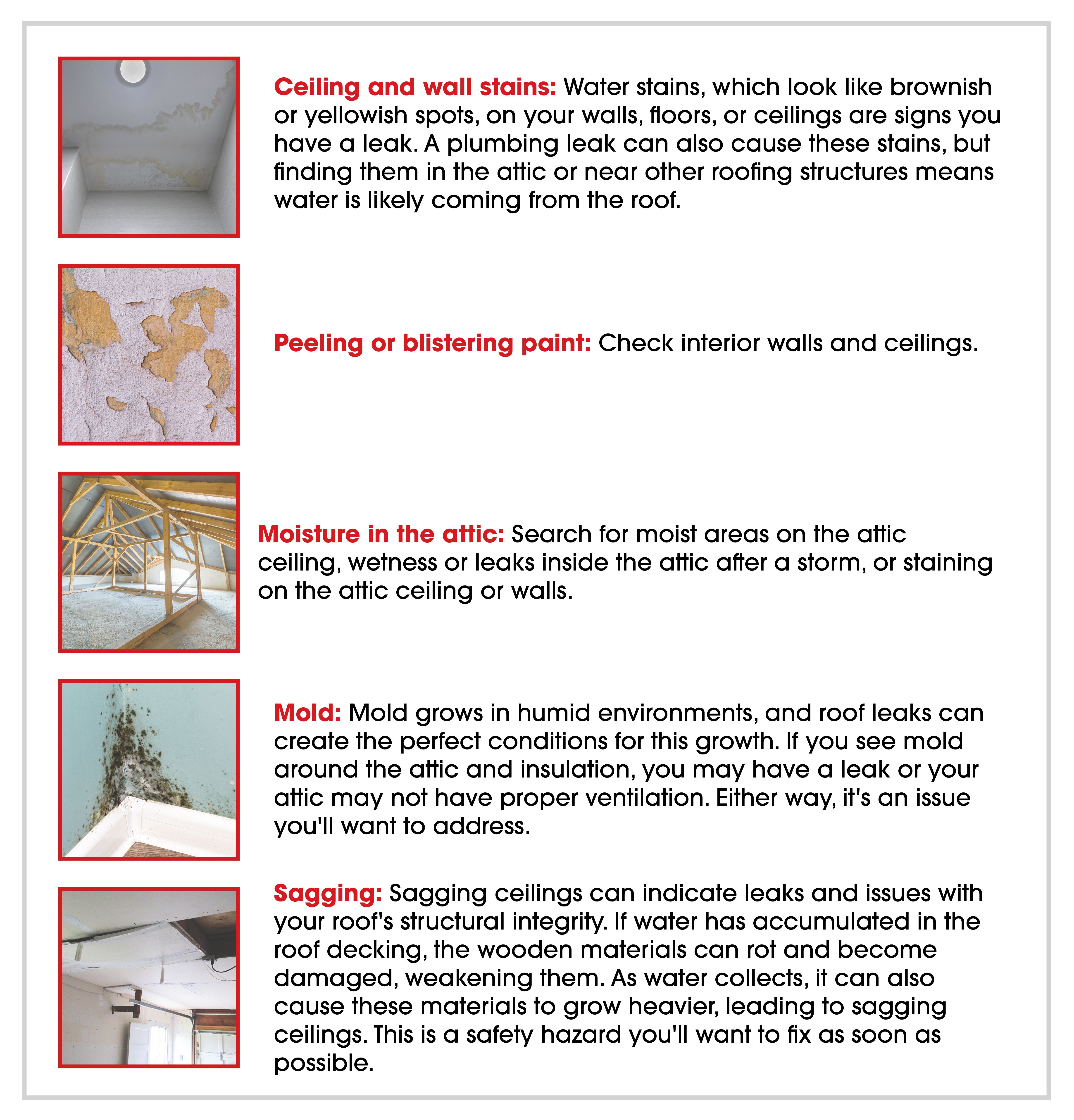 a6114545-4b8f-4a2f-8ca8-b36d02c434e3 The indoors signs of a leaking rooftop including stains, peeling paint, moisture, mold and sagging.