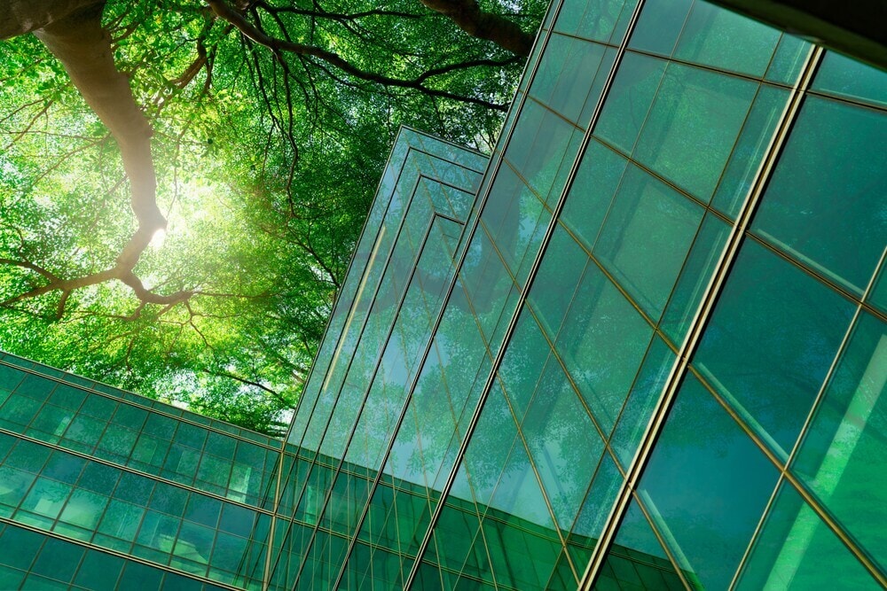 A glass building with green leaves overhead.