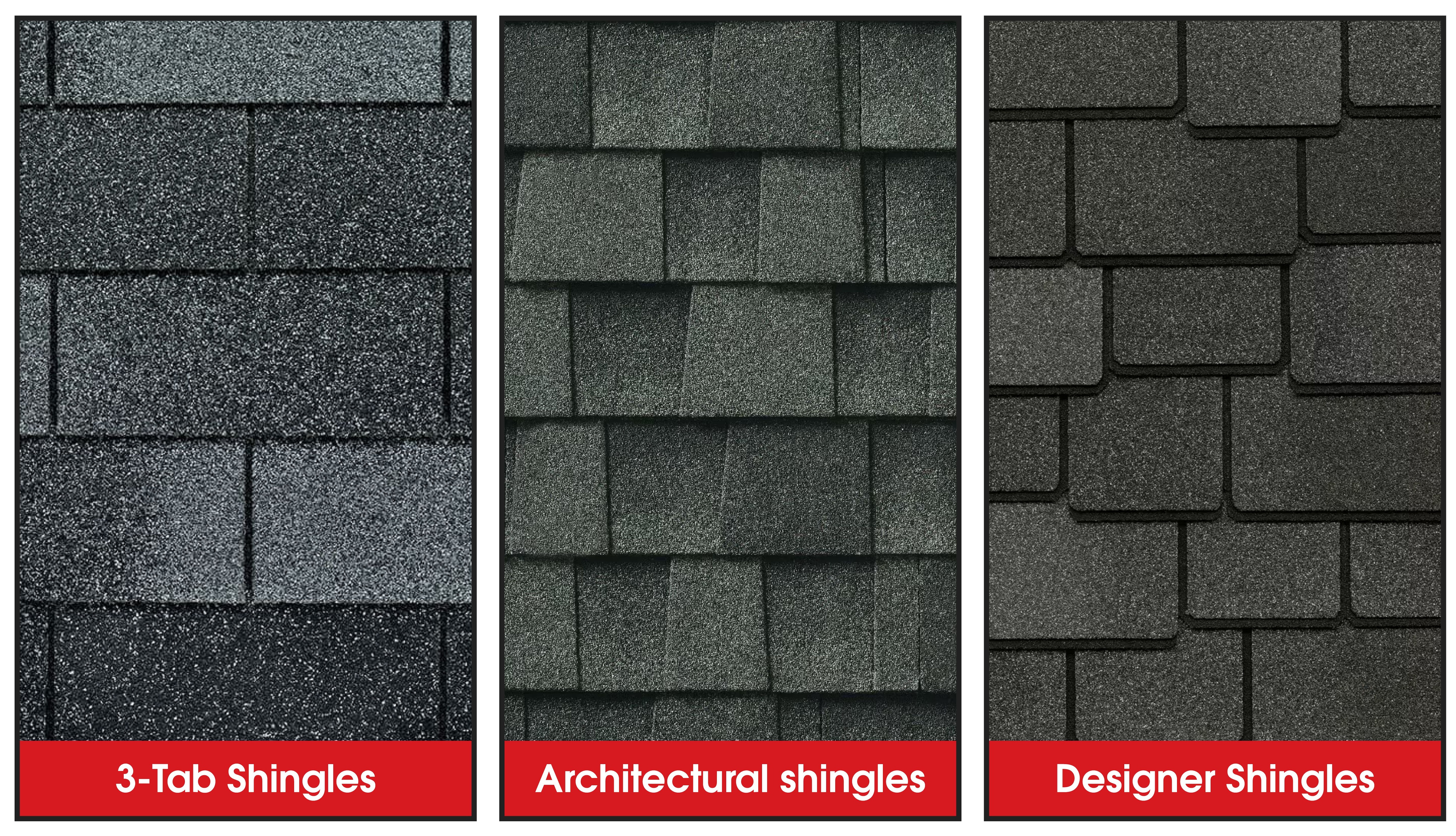 Three types of shingles, pictured side by side for comparison. 