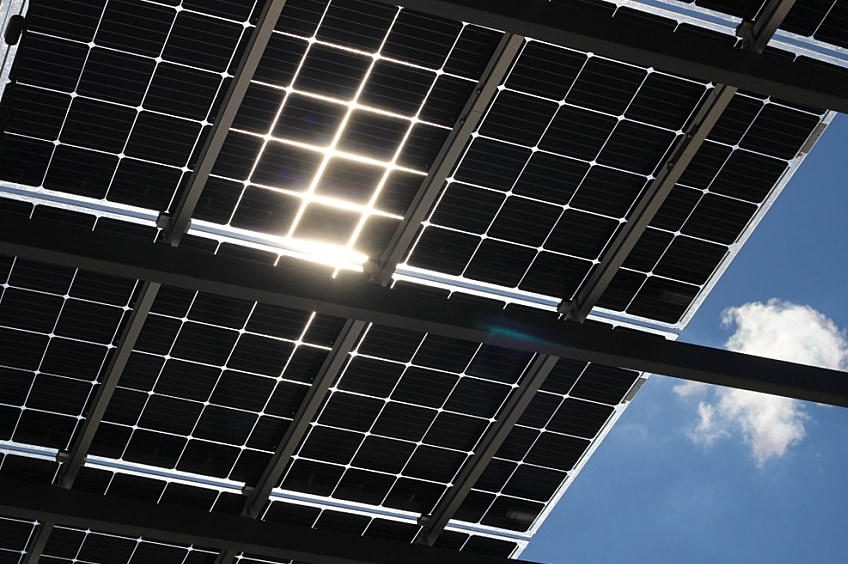Bifacial solar cells with sun shining through.