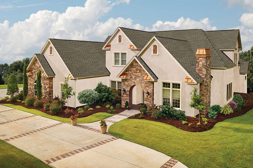 Aerial view of Timberline asphalt shingles on a new home