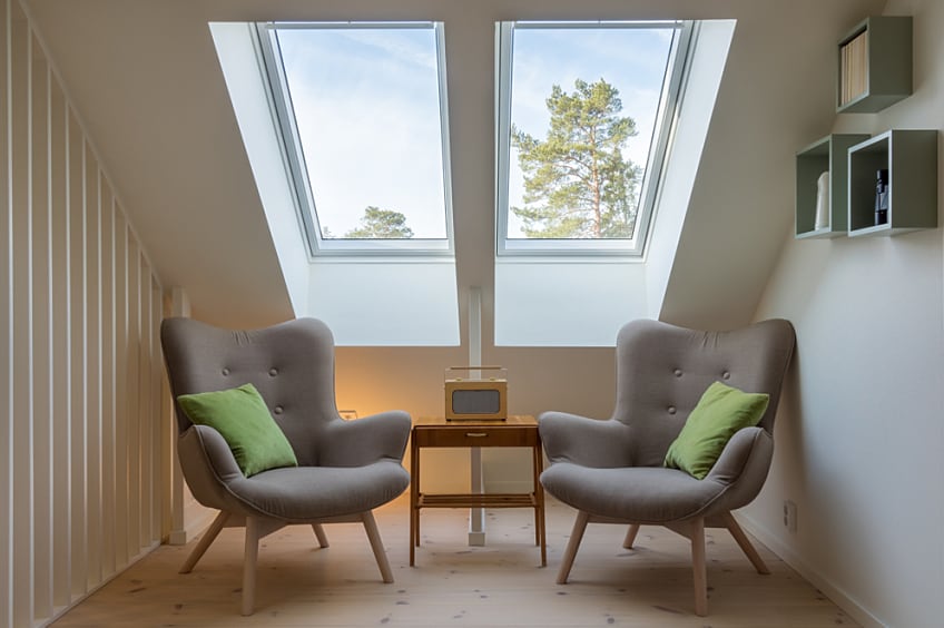 A country kitchen with skylights