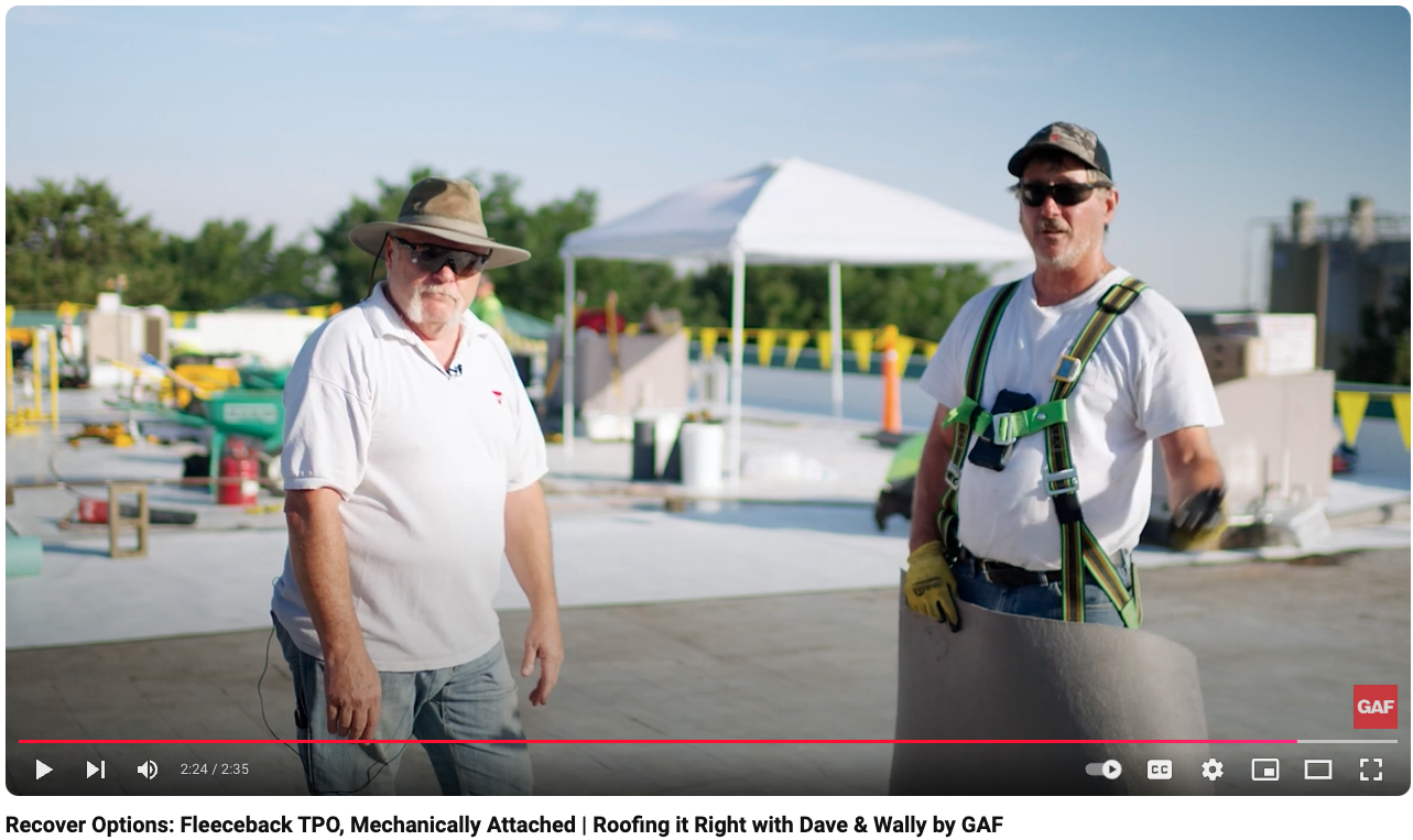 Dave & Wally walking us start to finish through a project to recover an existing Mod-Bit system with several options for smooth and fleece-back TPO, separation layers, mechanically attached, heat induction welding and adhered fastening, and a range of options for addressing flashing details.